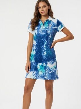 US Polo Assn Tie Dye Collared T-Shirt Dress Golf Tennis Sporty Cotton Midi